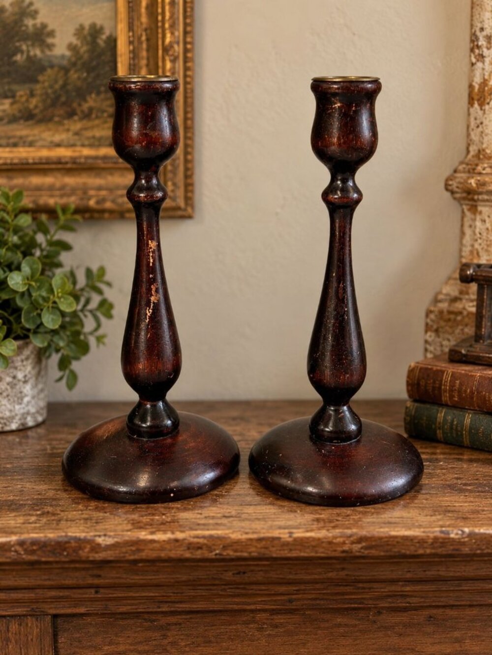 Vintage Wooden Candle Holders With Brass Inserts Set Of 2 Rich Brown Taper Pair